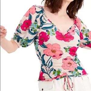 V-neck ruched-front floral top, INC International Concepts 1X